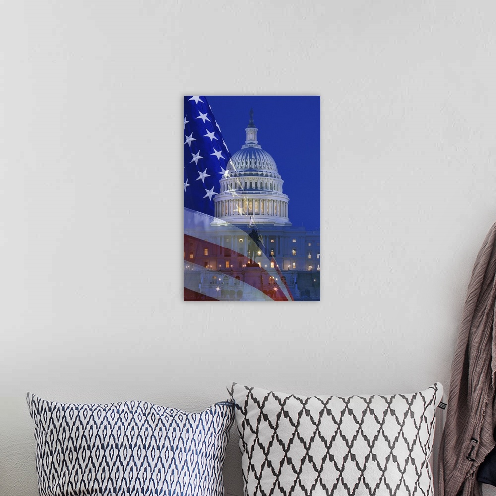 A bohemian room featuring USA, Washington, DC. Digital composite of American flag superimposed over  US Capitol building.