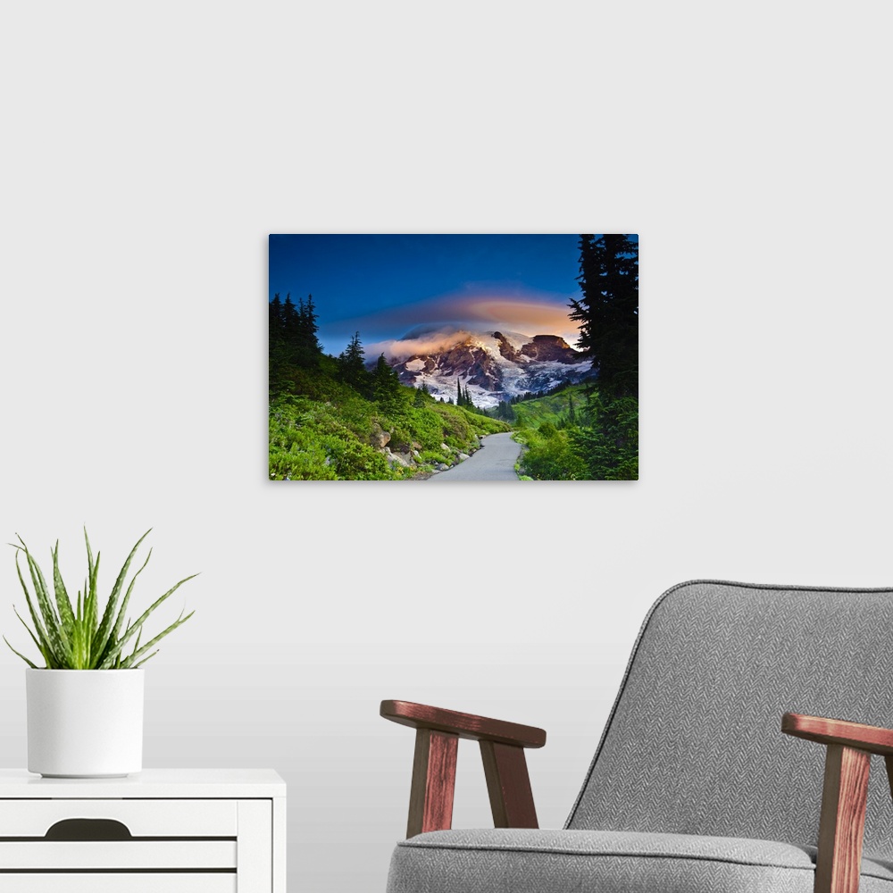 A modern room featuring Washington, Mt. Rainier. Morning sun blankets Mt. Rainier along the Skyline Trail.
