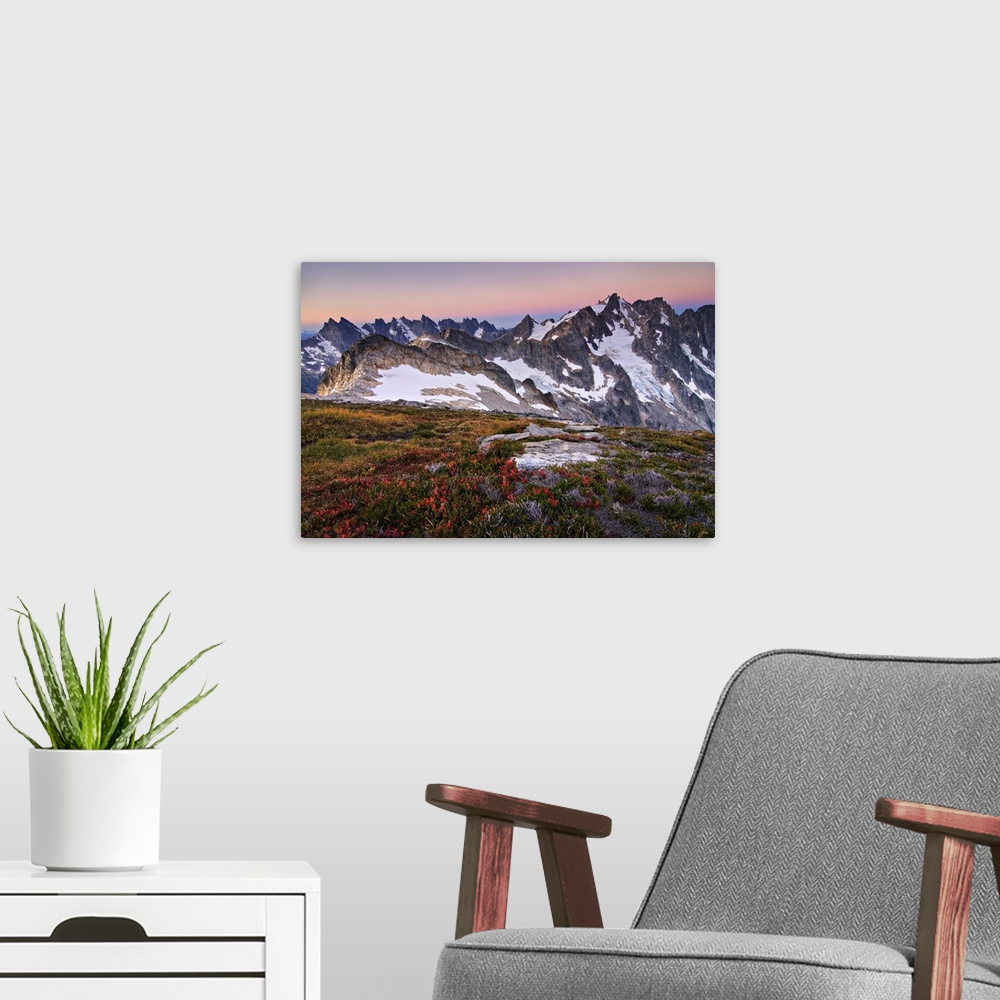 A modern room featuring USA, Washington, North Cascades National Park.  A view of Mt. Fury in autumn on a clear morning.