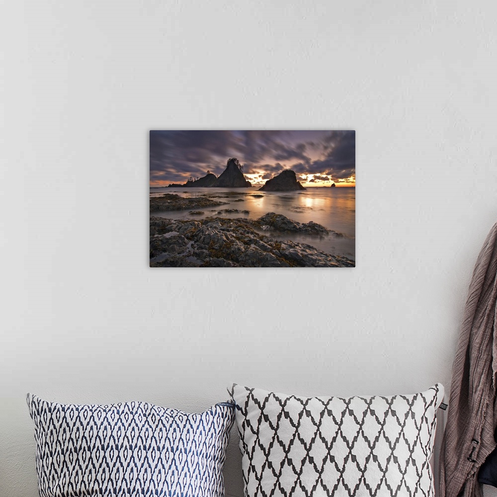 A bohemian room featuring USA, Washington, Olympic National Park.  Clouds streak past the Olympic coastline at dusk.