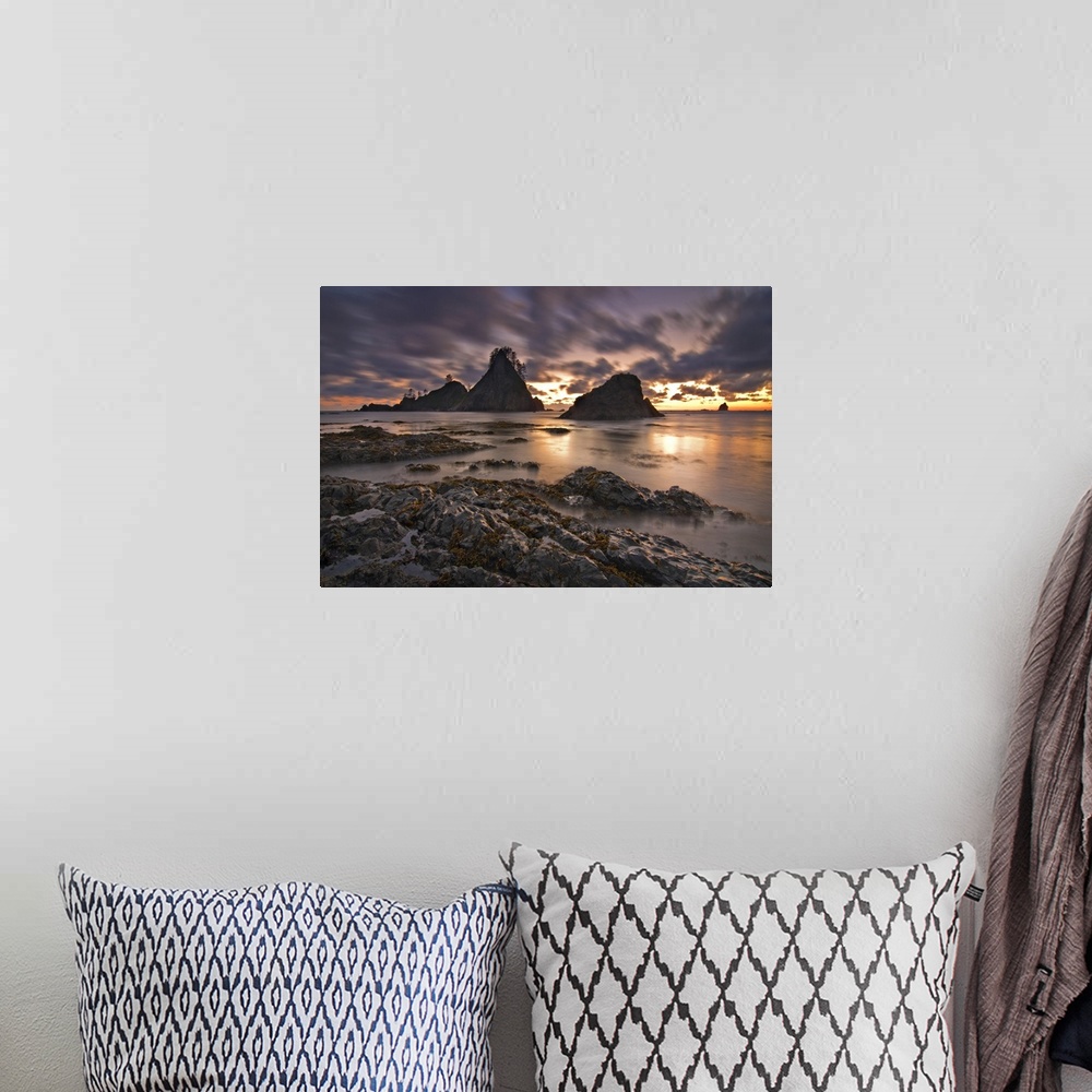 A bohemian room featuring USA, Washington, Olympic National Park.  Clouds streak past the Olympic coastline at dusk.