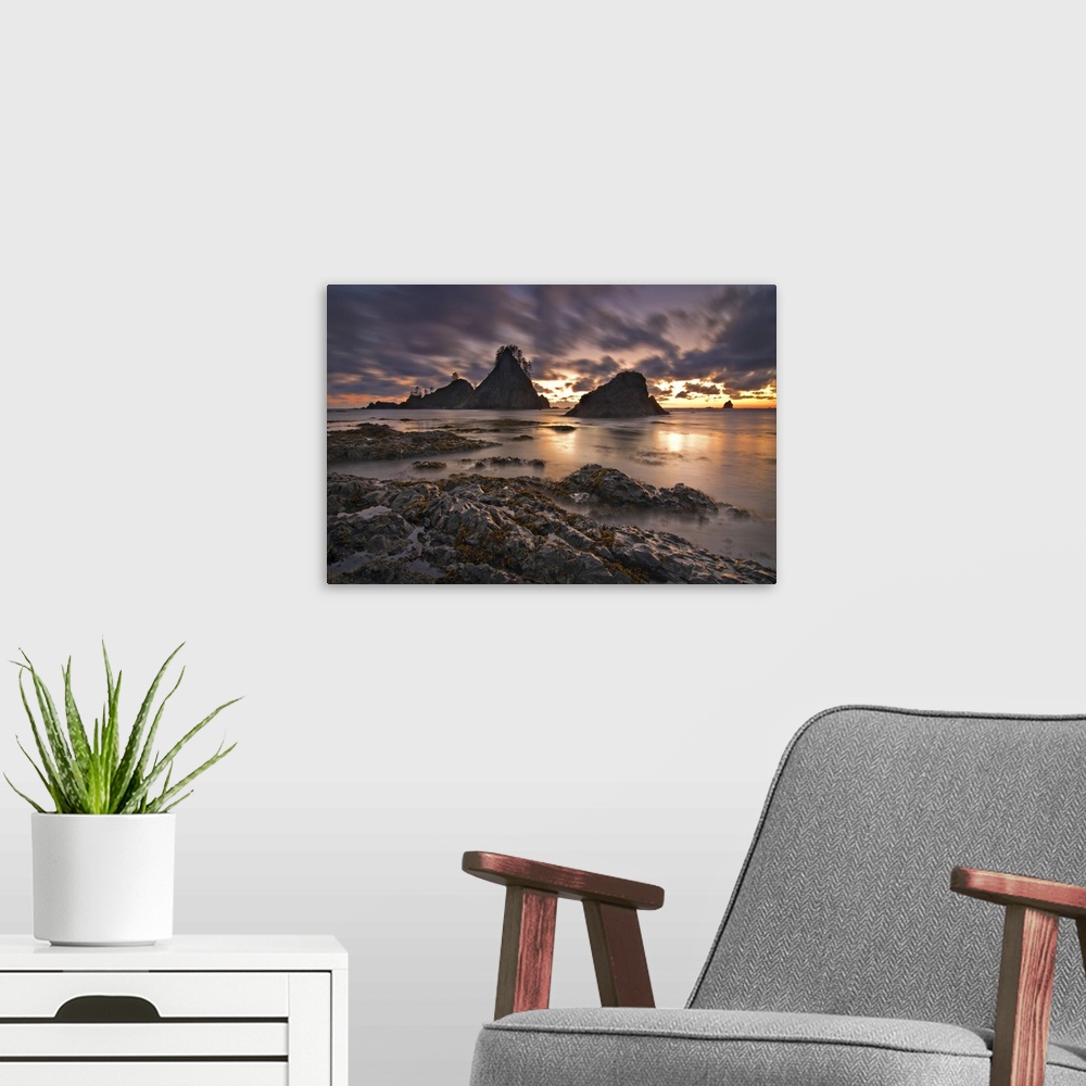 A modern room featuring USA, Washington, Olympic National Park.  Clouds streak past the Olympic coastline at dusk.