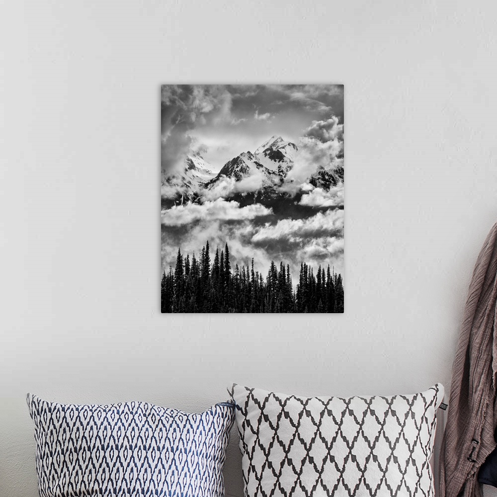 A bohemian room featuring USA, Washington, Olympic National Park, Mount Carrie and Carrie Glacier through the clouds from H...