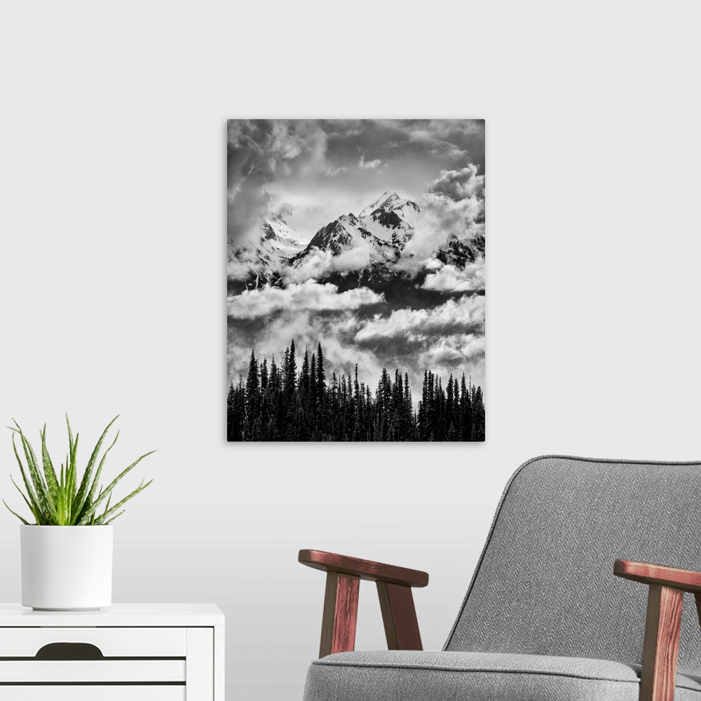 A modern room featuring USA, Washington, Olympic National Park, Mount Carrie and Carrie Glacier through the clouds from H...