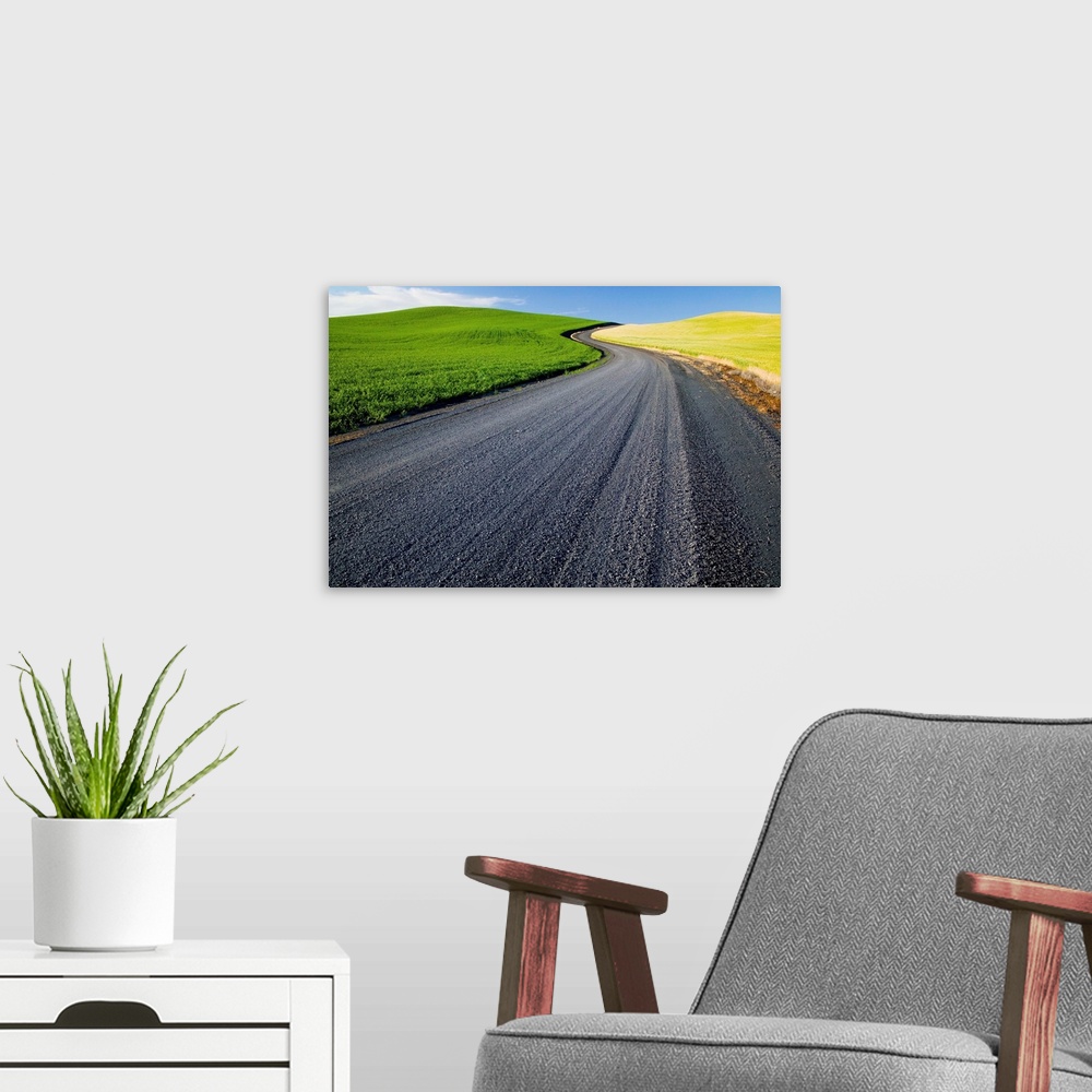 A modern room featuring Washington, Palouse Country, Road Leading Through Spring and Winter Wheat Fields in S-Pattern.
