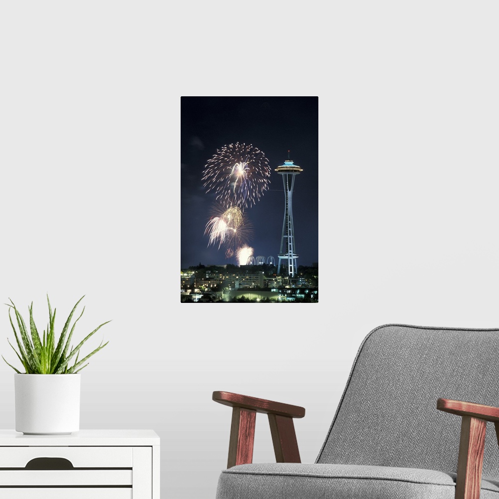 A modern room featuring Washington, Seattle, Fireworks and Space Needle during July Fourth celebration.