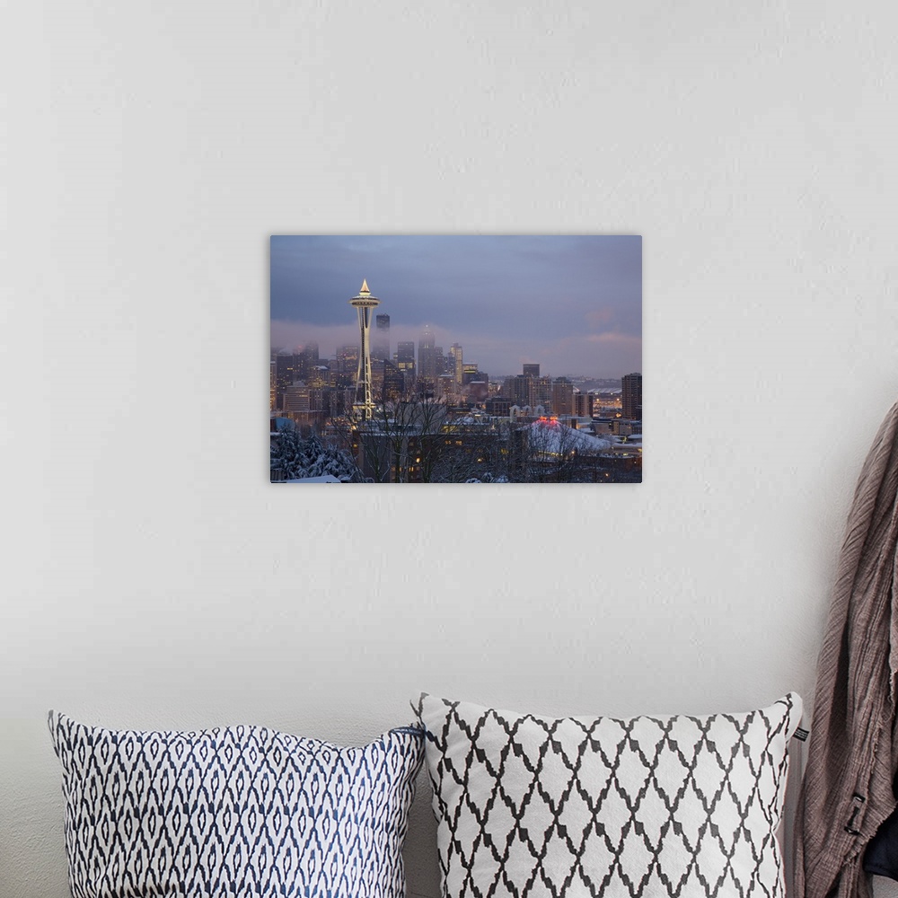 A bohemian room featuring Washington, Seattle, Kerry Park, view of the Space Needle, with fresh snow.