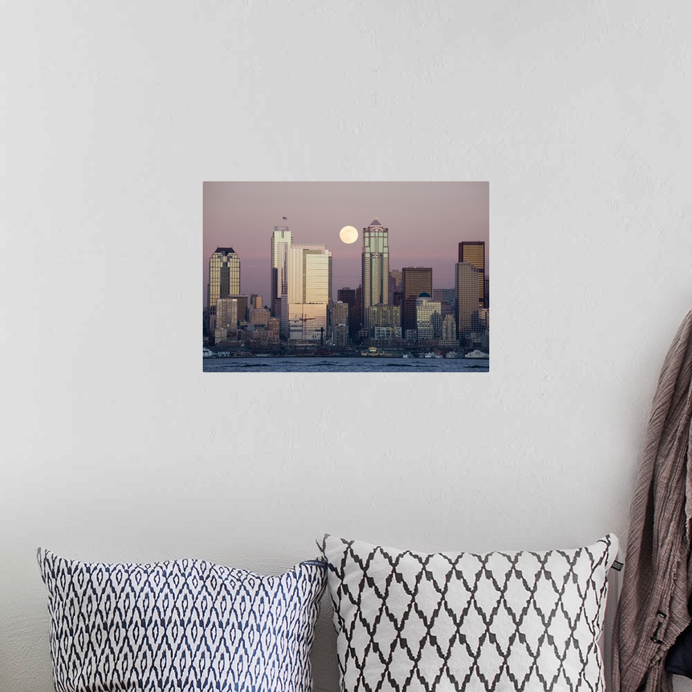 A bohemian room featuring Washington, Seattle skyline and Elliott Bay with full moon rising, view from Alki.