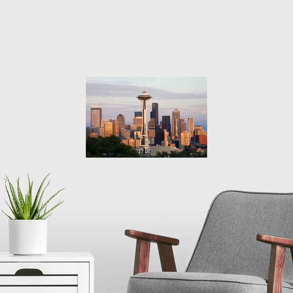 A modern room featuring Washington, Seattle skyline with Space Needle, view from Kerry Park.