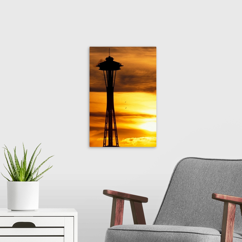 A modern room featuring Washington, Seattle, Space Needle at sunset.