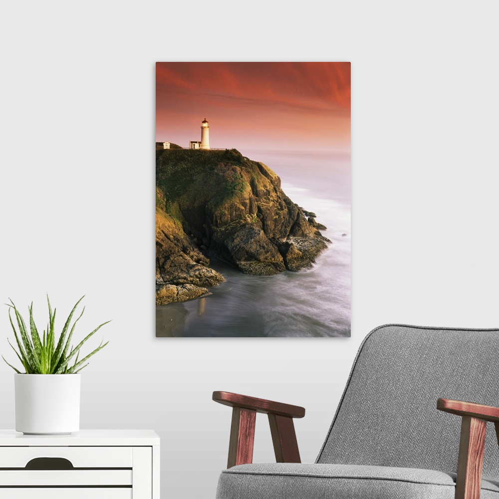 A modern room featuring USA, Washington State, Fort Canby State Park, View of North Head Lighthouse on cliff.