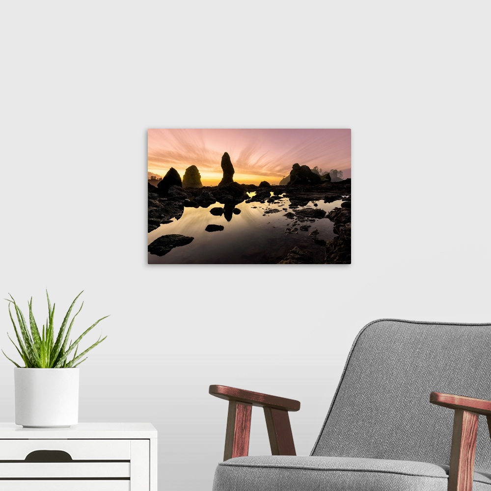 A modern room featuring USA, Washington State, Olympic National Park. Sunrise on coast beach and rocks. Credit: Jim Nilsen