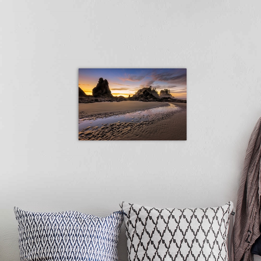 A bohemian room featuring USA, Washington State, Olympic National Park. Sunrise on coast beach and rocks. Credit: Jim Nilsen