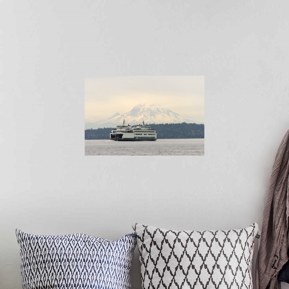 A bohemian room featuring US, WA, Puget Sound. Seattle/Bremerton ferry with Mt Rainier