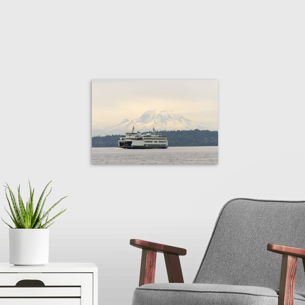 A modern room featuring US, WA, Puget Sound. Seattle/Bremerton ferry with Mt Rainier