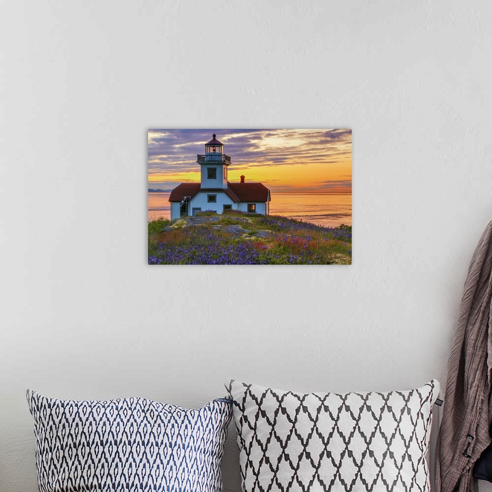 A bohemian room featuring USA, Washington, San Juan Islands. Patos Lighthouse and camas flowers at sunset.