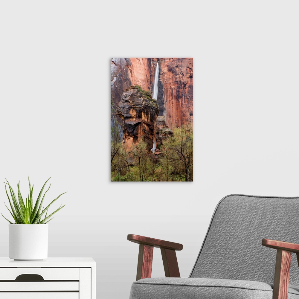 A modern room featuring Waterfall thunders down near the Temple of Sinawava in Zion National Park in Utah.