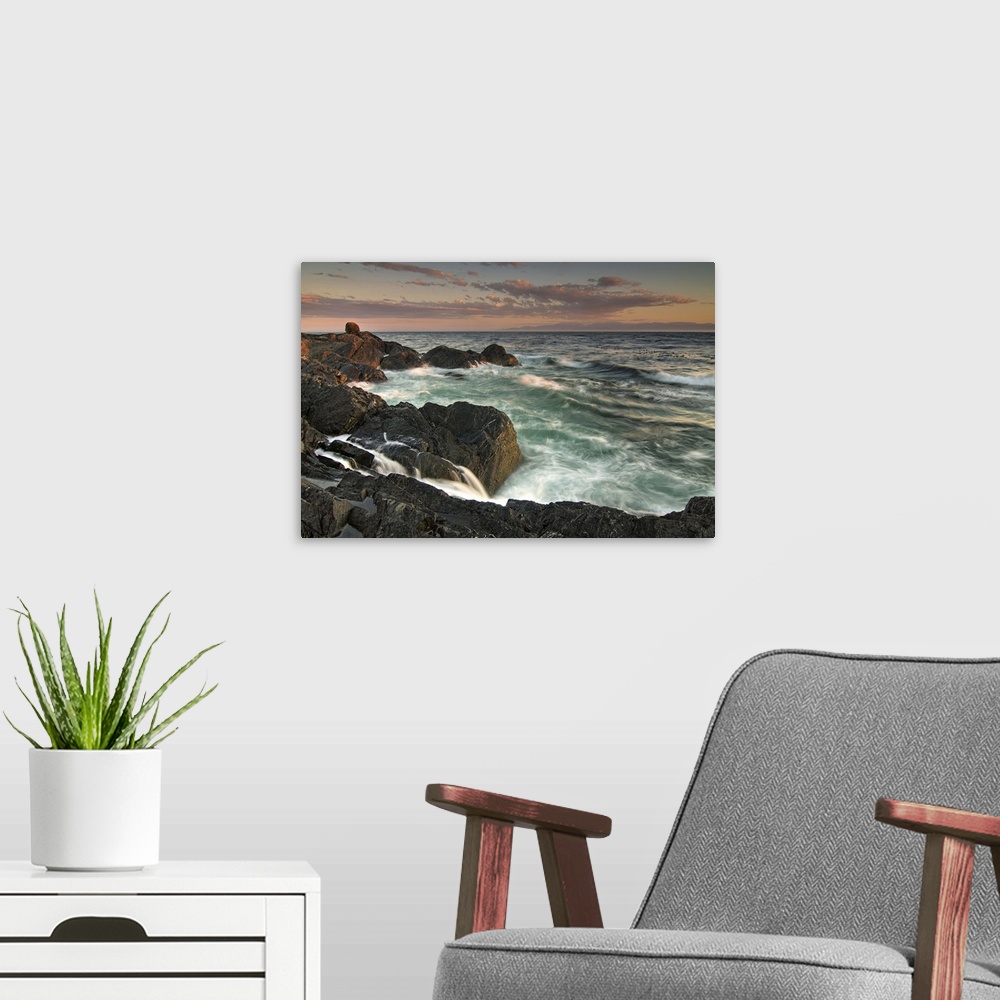 A modern room featuring USA, Washington, San Juan Islands. Waves crash on the southern shore of Lopez Island at sunset.