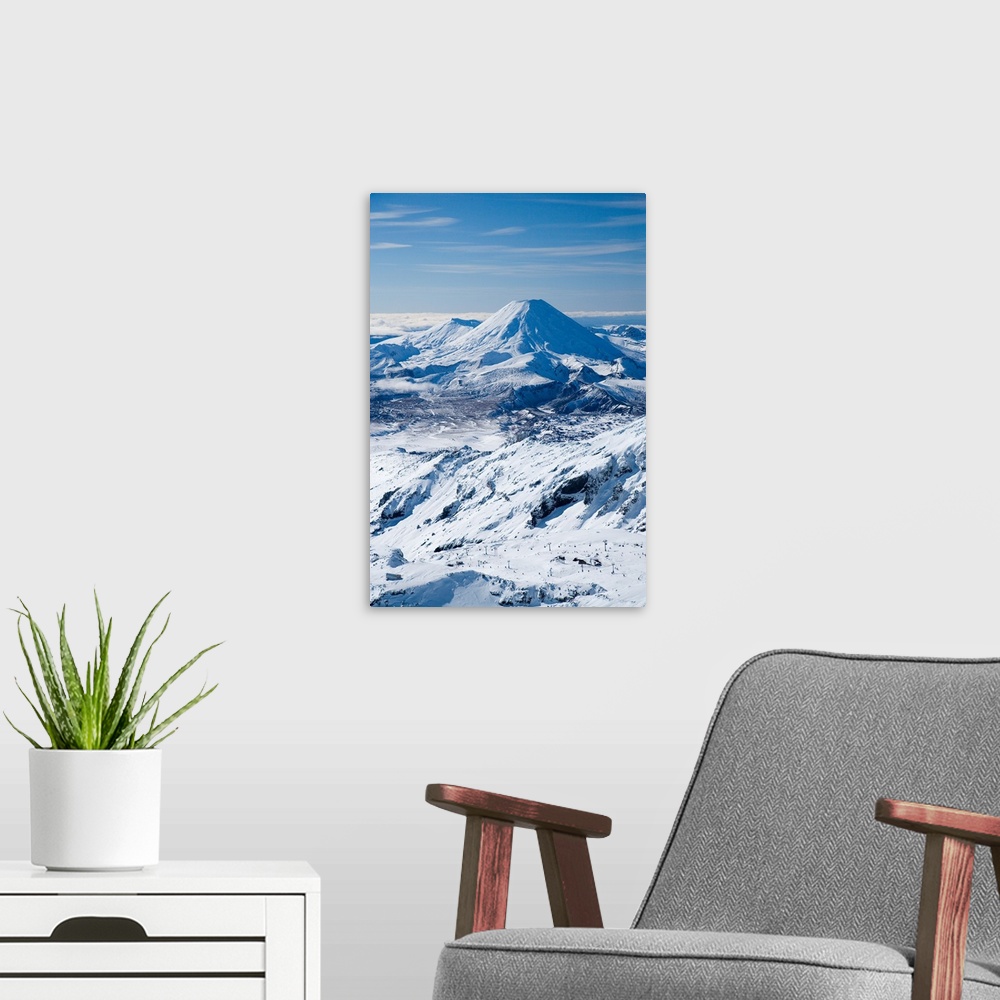 A modern room featuring Whakapapa Skifield on Mt Ruapehu, and Mt Ngauruhoe (distance) Tongariro National Park, Central Pl...