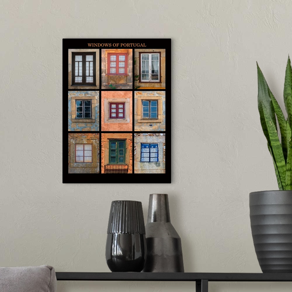 A modern room featuring This poster captures interesting windows found throughout Portugal.