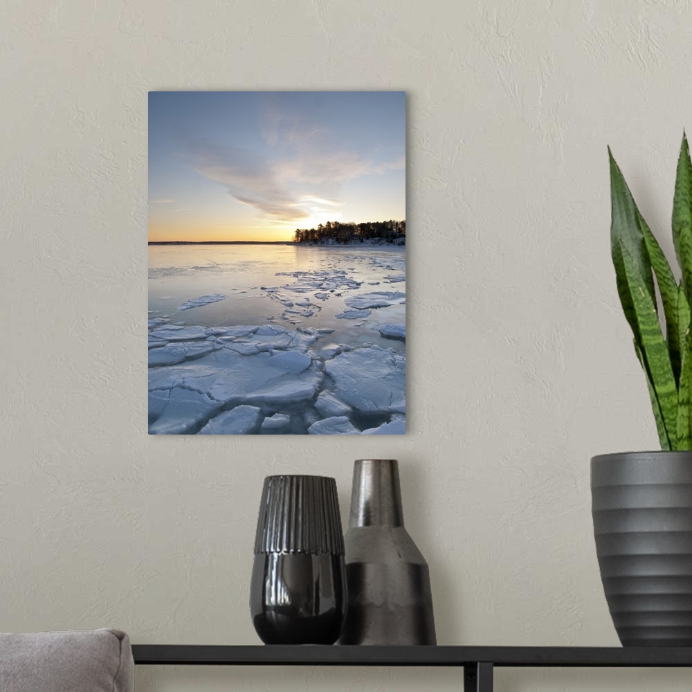 A modern room featuring Winter sunrise on Casco Bay near Freeport, Maine.