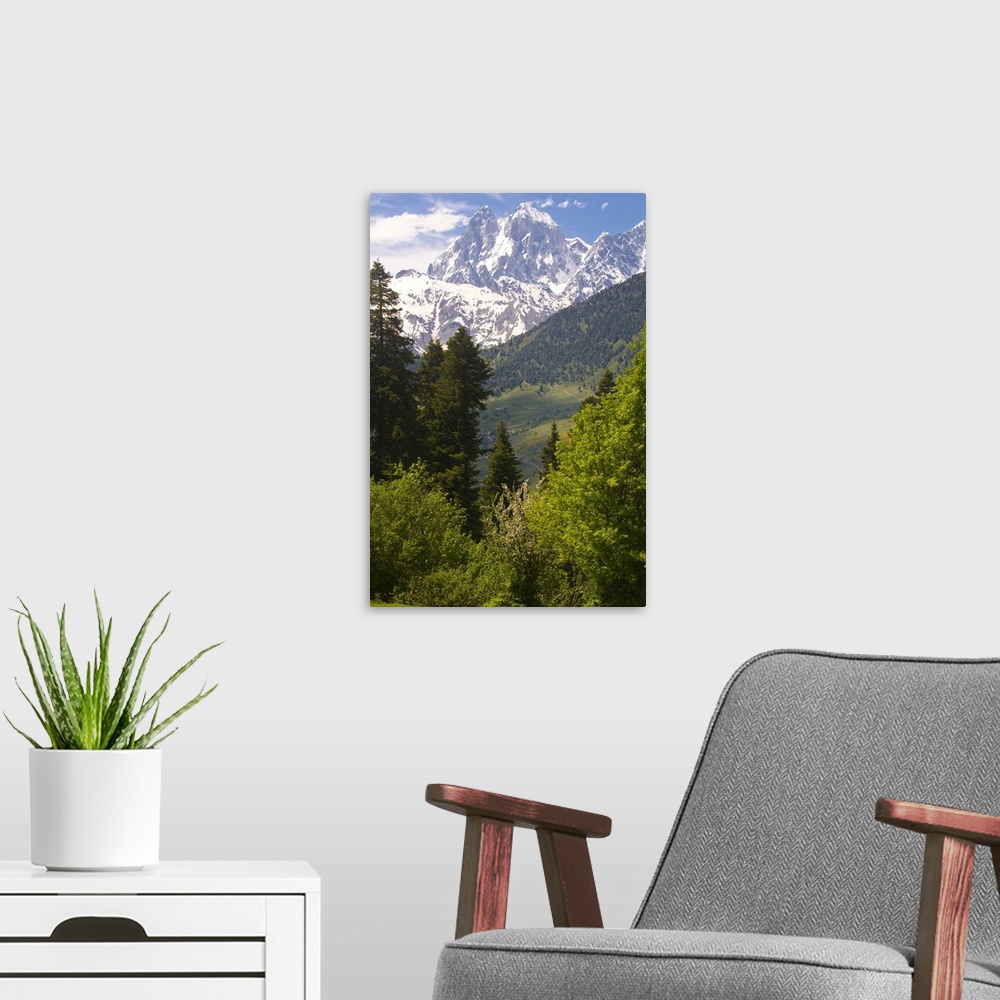A modern room featuring Wonderful mountain scenery of Svanetia with Mount Ushba in the background, Georgia.