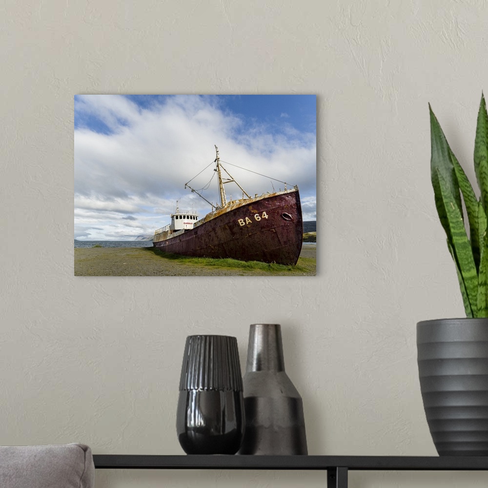 A modern room featuring Wreck of the Gardar, the first steel ship of Iceland. The remote Westfjords (Vestfirdir) in north...