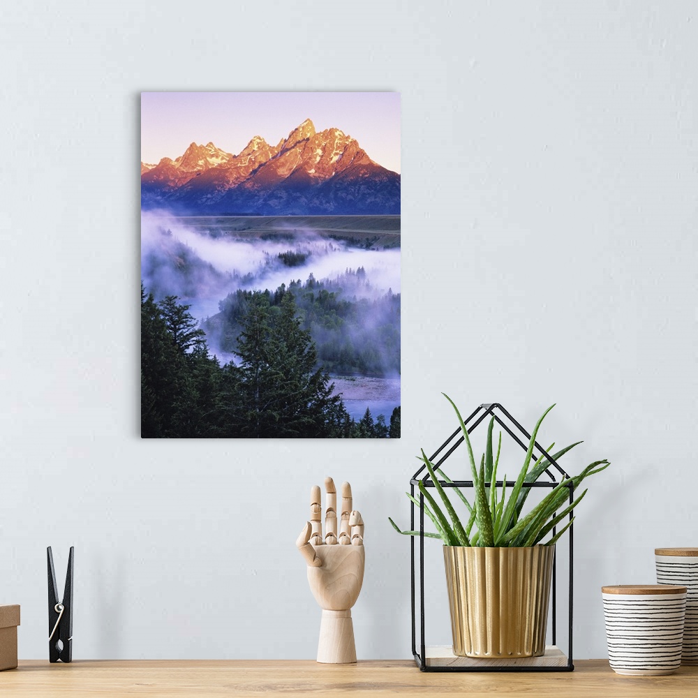 A bohemian room featuring Misty mountain scenic seen from the Snake River Overlook at dawn. Grand Teton National Park, Wyom...