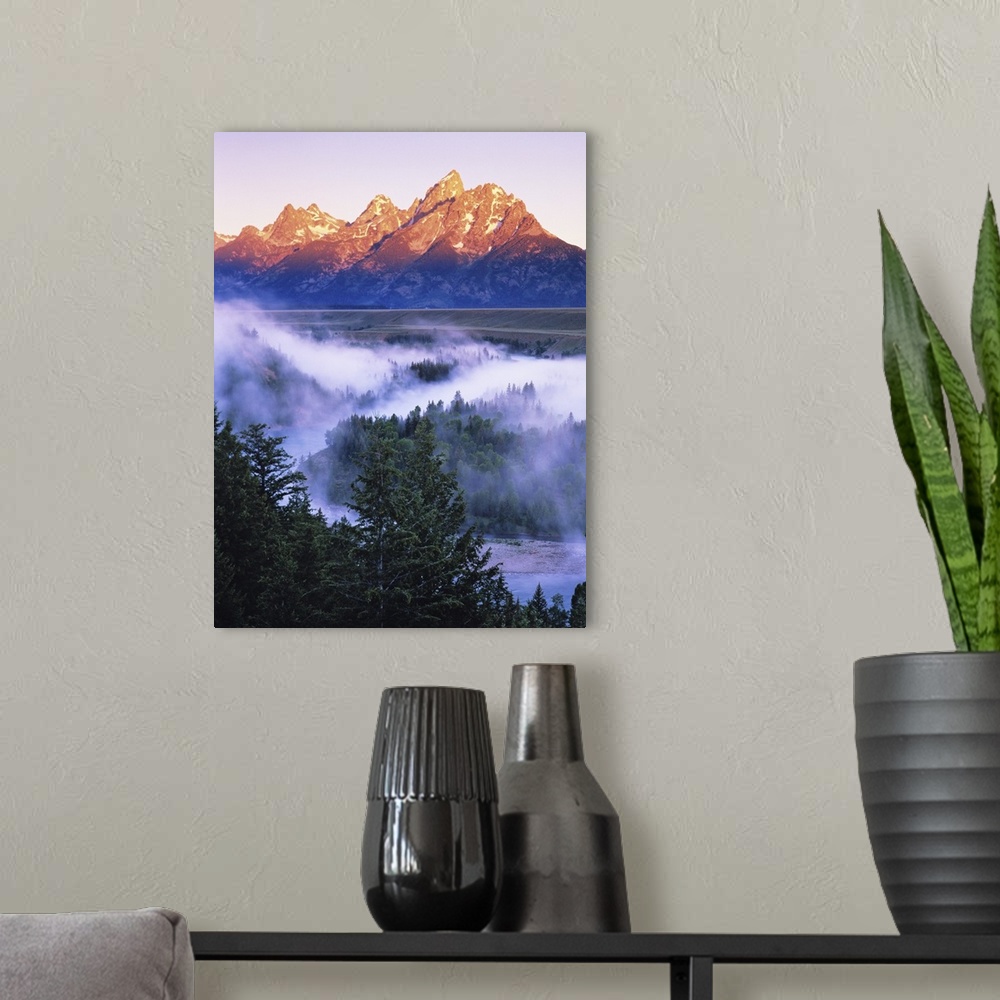 A modern room featuring Misty mountain scenic seen from the Snake River Overlook at dawn. Grand Teton National Park, Wyom...