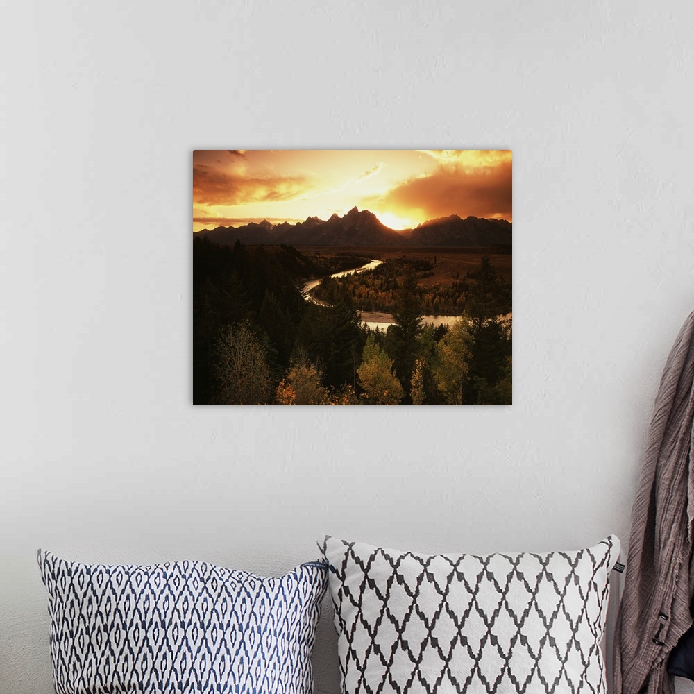 A bohemian room featuring USA, Wyoming, Grand Teton National Park, Snake River with Grand Teton range at sunset.