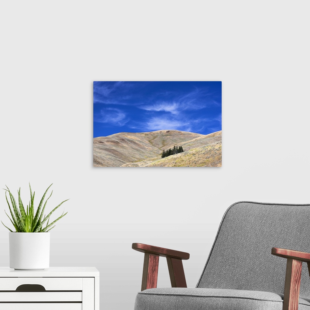 A modern room featuring Yellowstone National Park, Lamar Valley. Beautiful clouds dot the sky above the valley.
