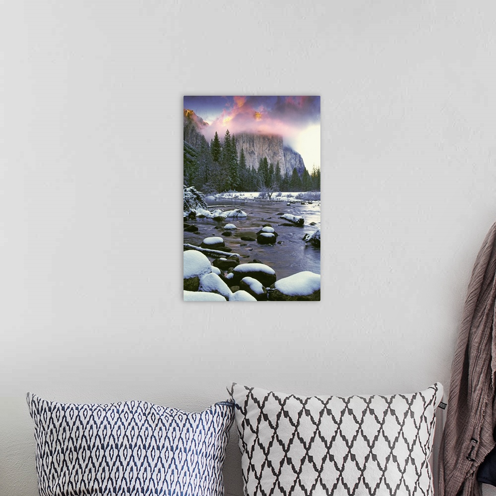 A bohemian room featuring USA, California, Yosemite National Park. Sunlight on clouds over El Capitan as seen from the Merc...
