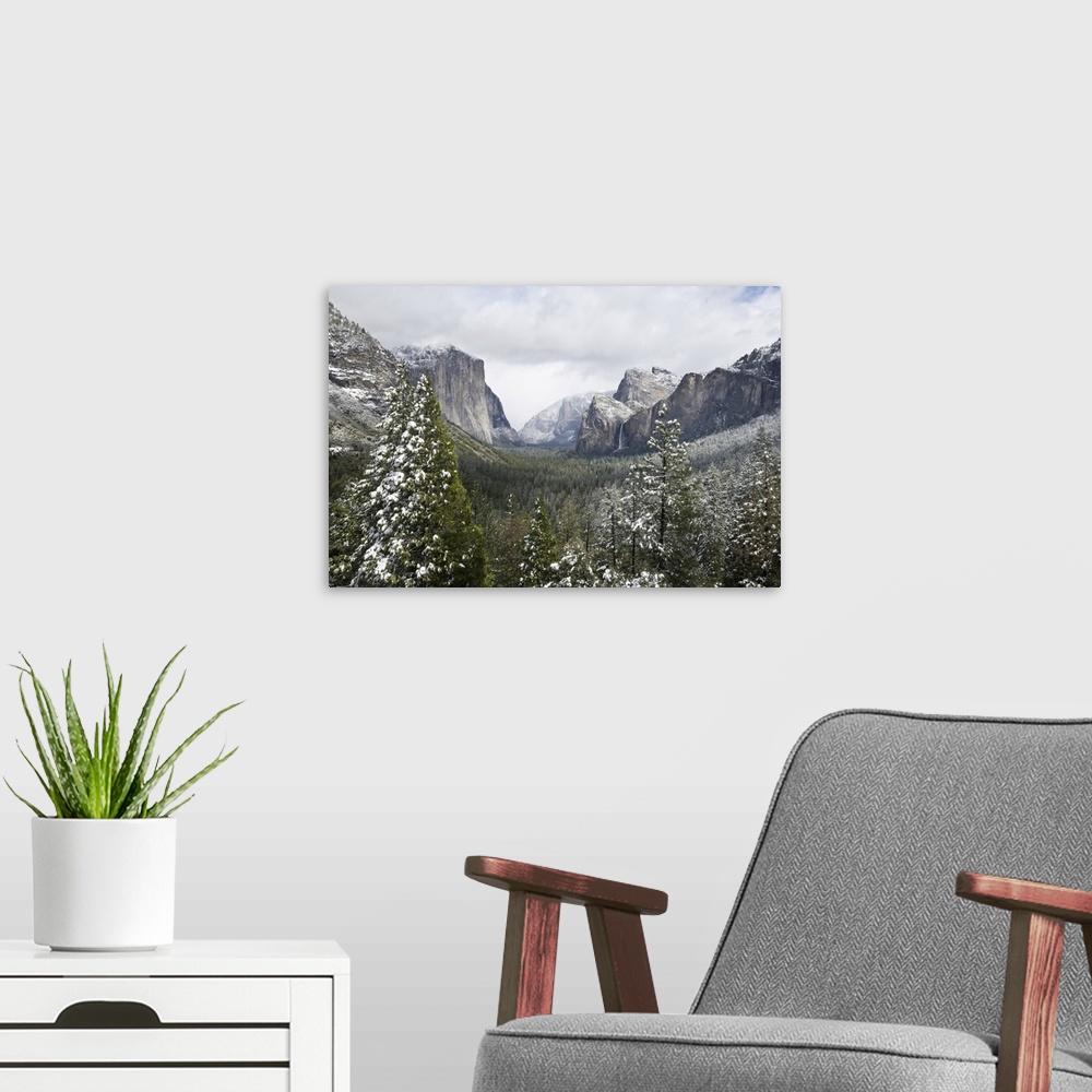 A modern room featuring Yosemite Valley in winter, Yosemite National Park, California.
