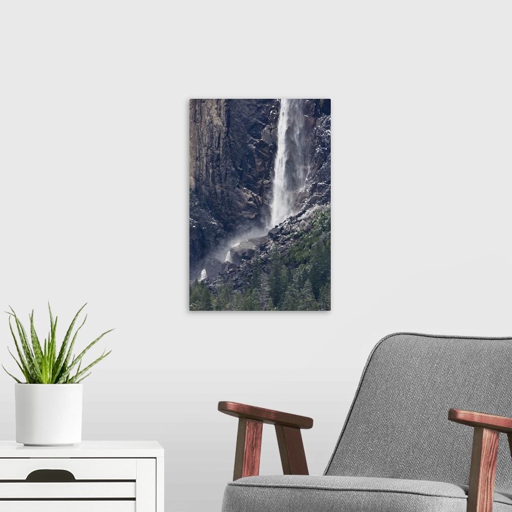 A modern room featuring Yosemite Valley's lower and upper Bridalveil Falls, Yosemite National Park, California.