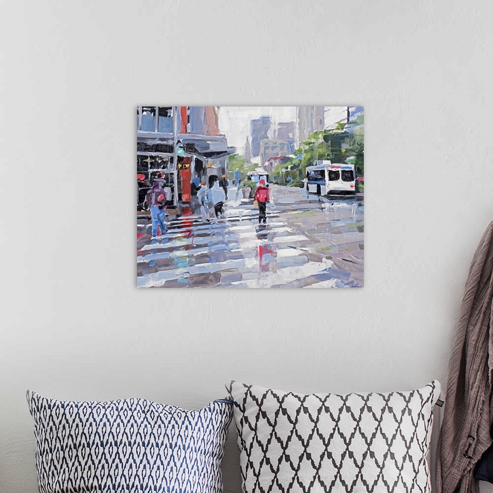 A bohemian room featuring Contemporary painting of people crossing a city street on a rainy day.