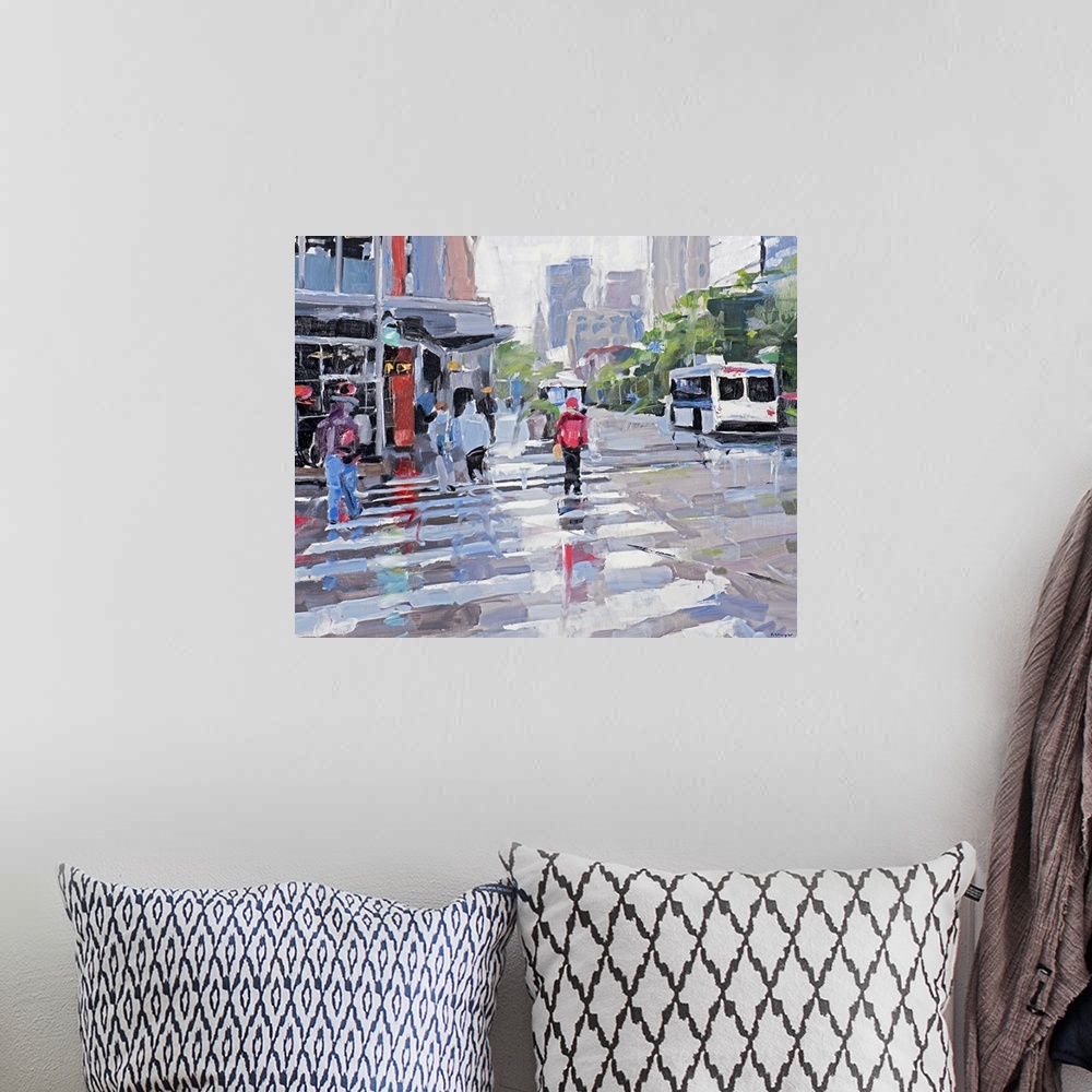 A bohemian room featuring Contemporary painting of people crossing a city street on a rainy day.