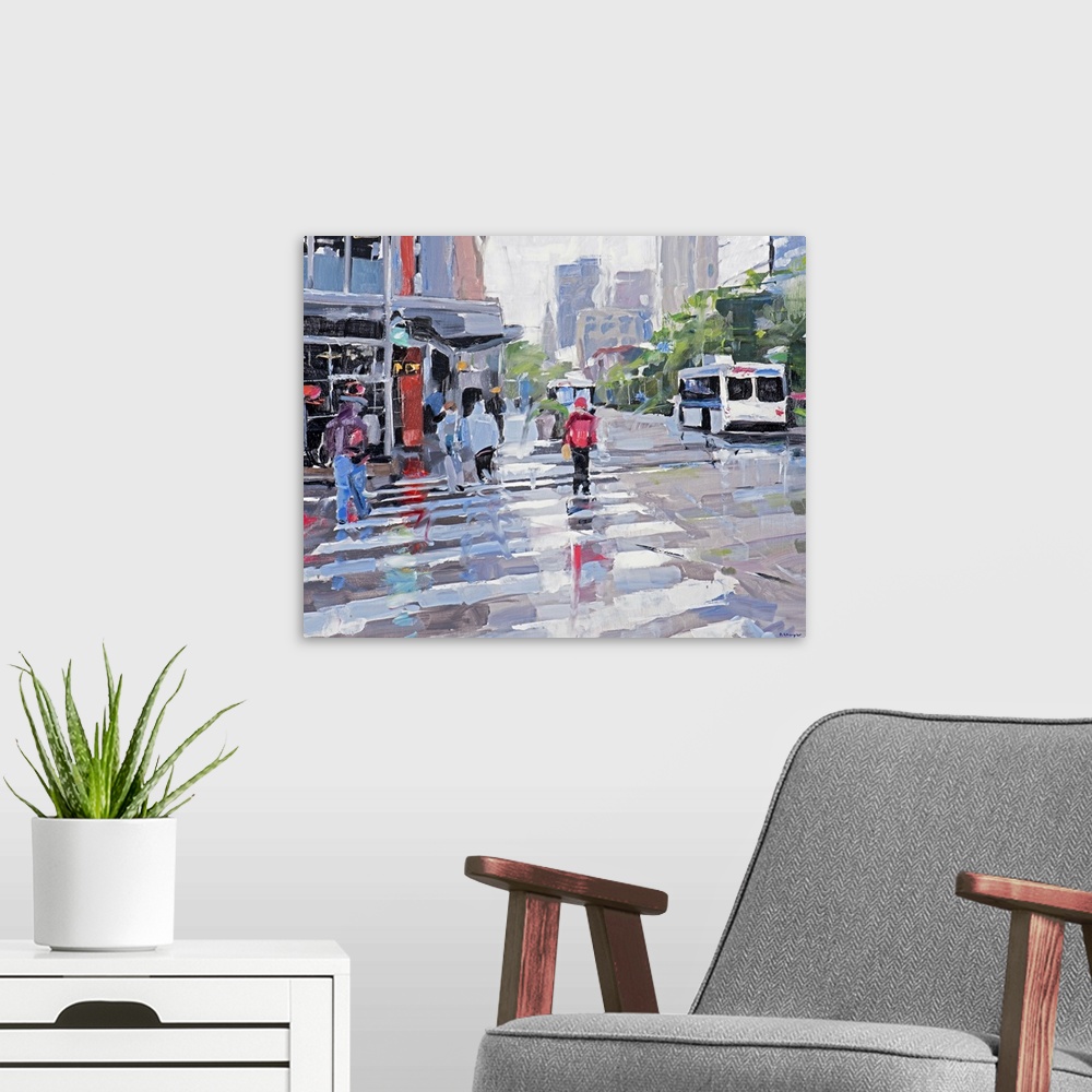 A modern room featuring Contemporary painting of people crossing a city street on a rainy day.