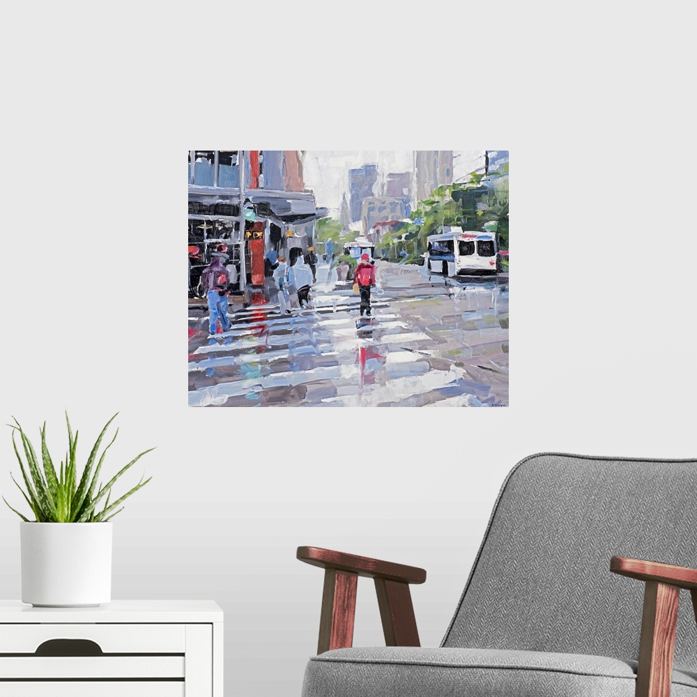 A modern room featuring Contemporary painting of people crossing a city street on a rainy day.