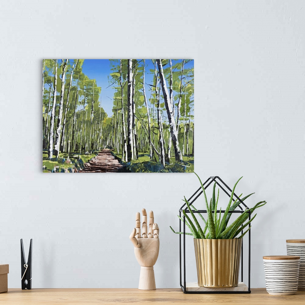 A bohemian room featuring Contemporary painting of a forest with rows of white aspen trees in straight lines.