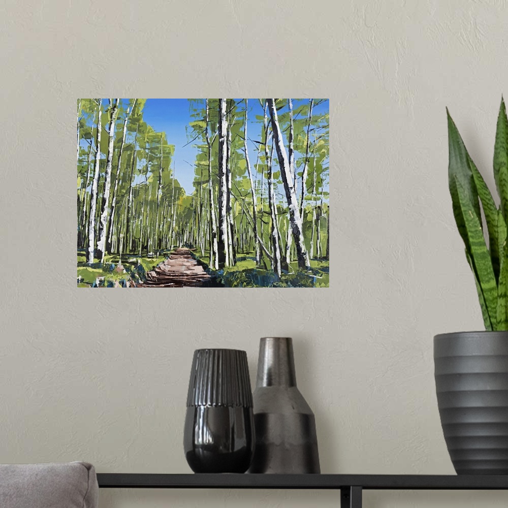 A modern room featuring Contemporary painting of a forest with rows of white aspen trees in straight lines.