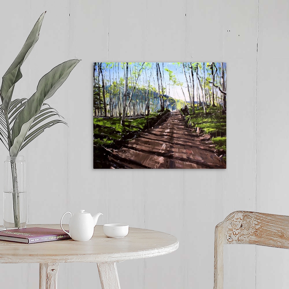 A farmhouse room featuring Contemporary painting of a dirt road through a forest in Colorado.