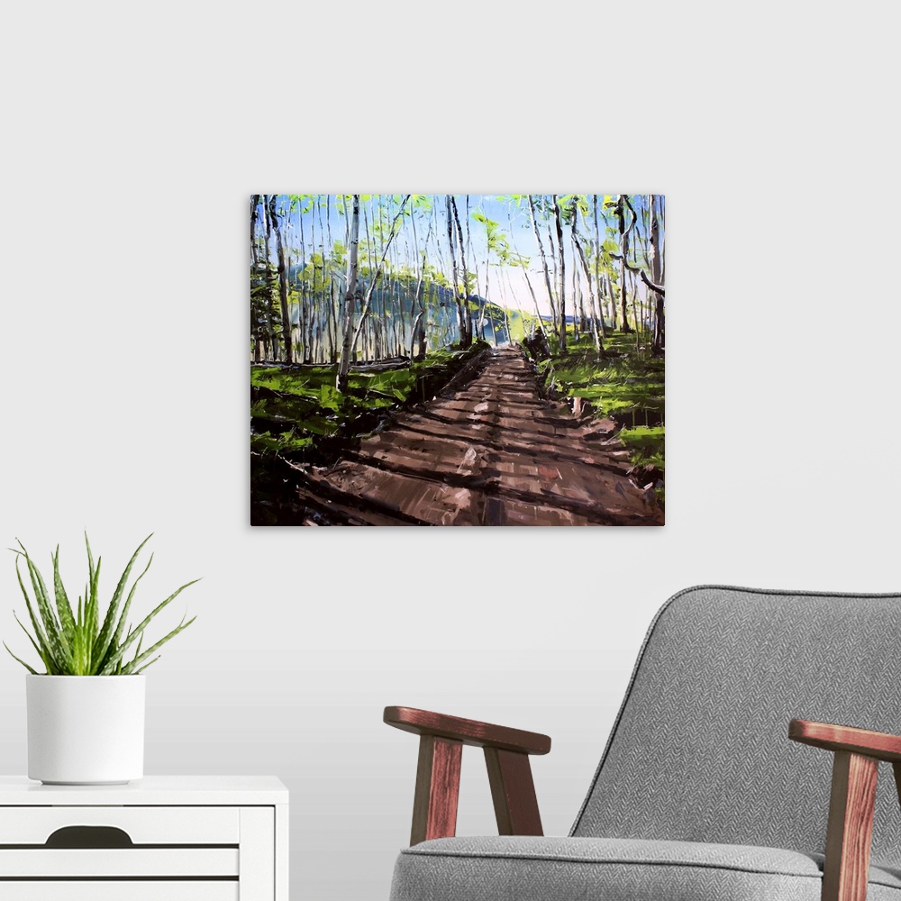 A modern room featuring Contemporary painting of a dirt road through a forest in Colorado.