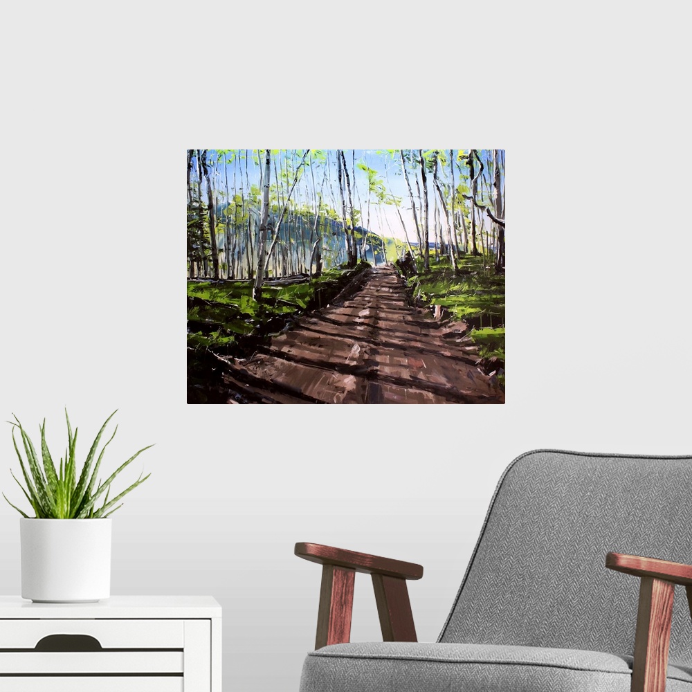 A modern room featuring Contemporary painting of a dirt road through a forest in Colorado.