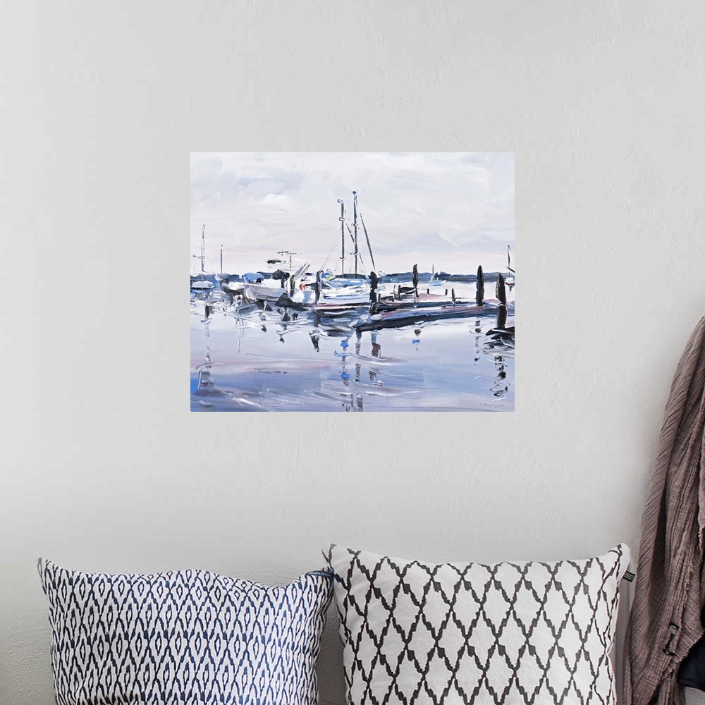 A bohemian room featuring Contemporary painting of a harbor filled sailboats under a gray sky.