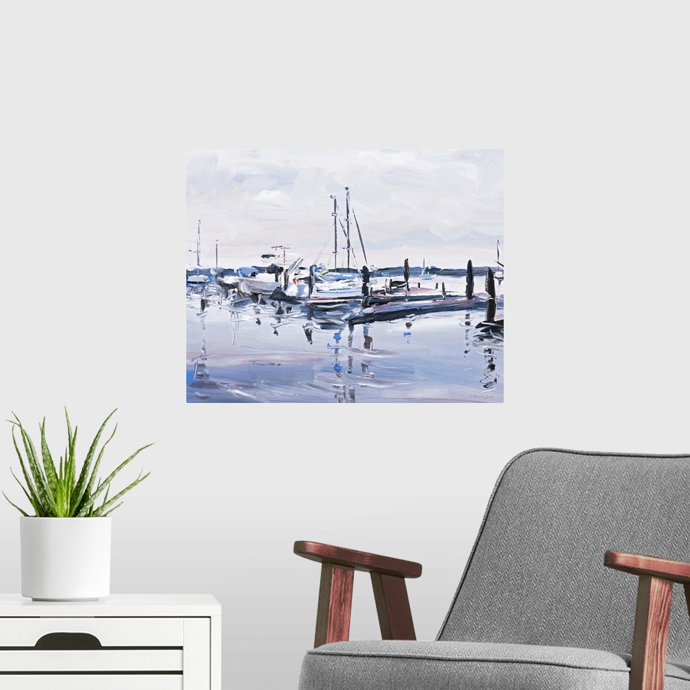 A modern room featuring Contemporary painting of a harbor filled sailboats under a gray sky.