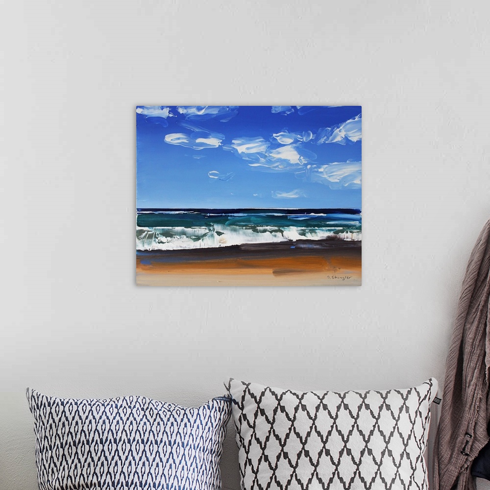 A bohemian room featuring Contemporary painting of a view starring out at the sea from a beach.