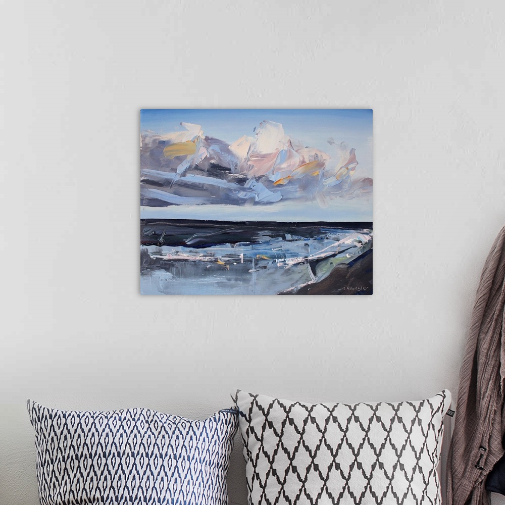 A bohemian room featuring Contemporary painting of a view starring out at the sea from a beach with clouds above.