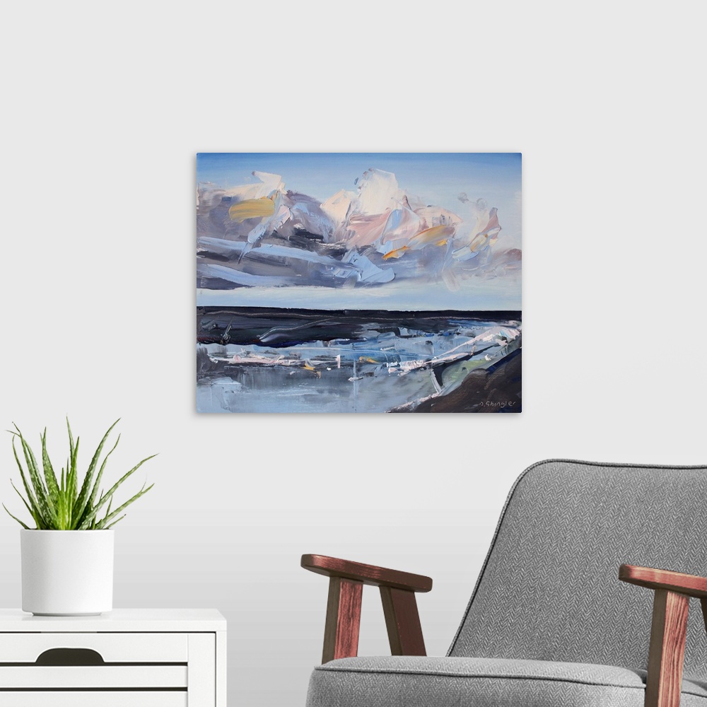 A modern room featuring Contemporary painting of a view starring out at the sea from a beach with clouds above.