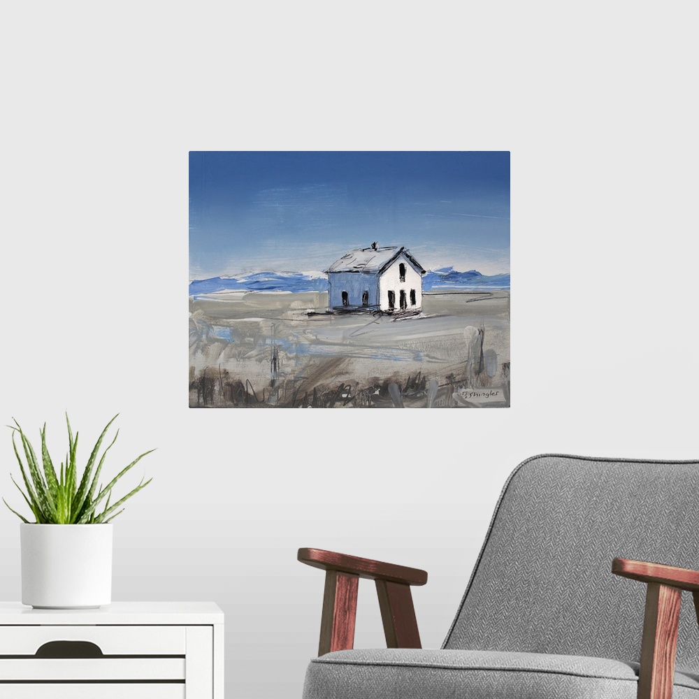 A modern room featuring Contemporary painting of a white house in a field, under a blue sky.