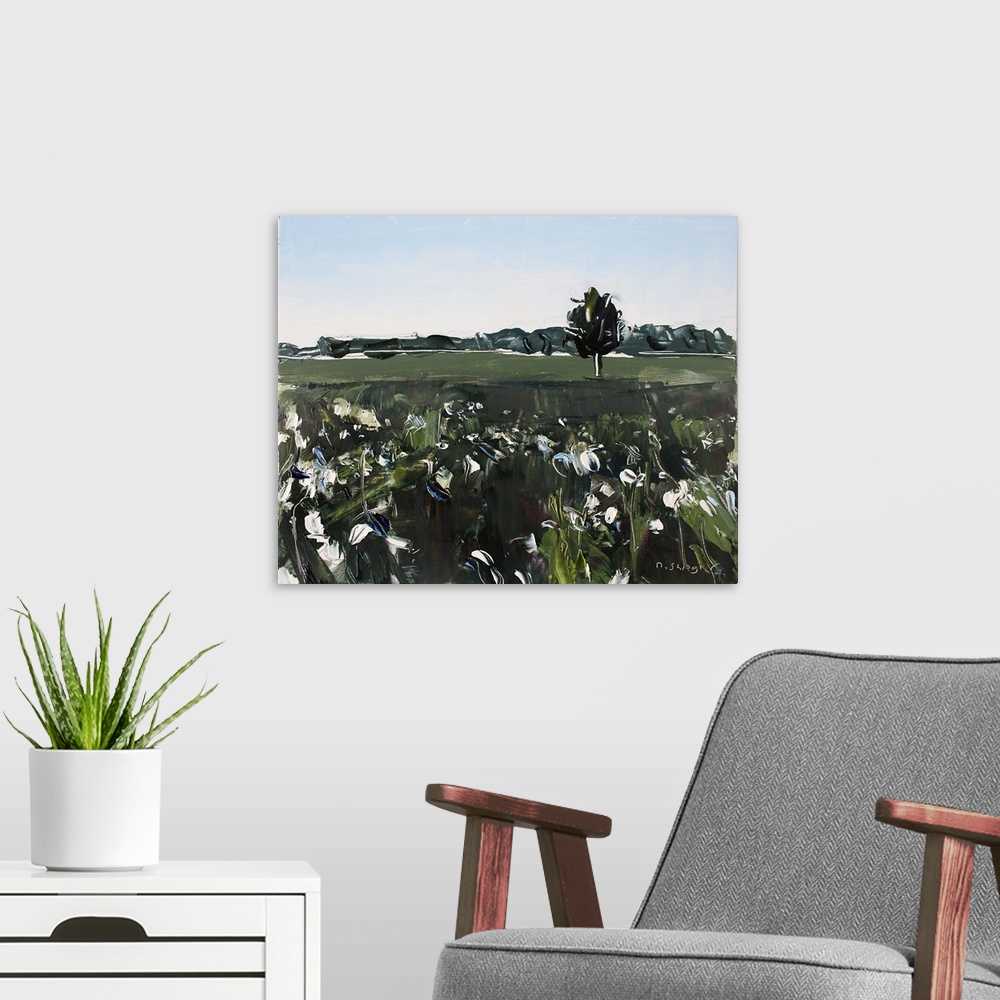 A modern room featuring A contemporary painting of a cotton field with a line of trees in the background.